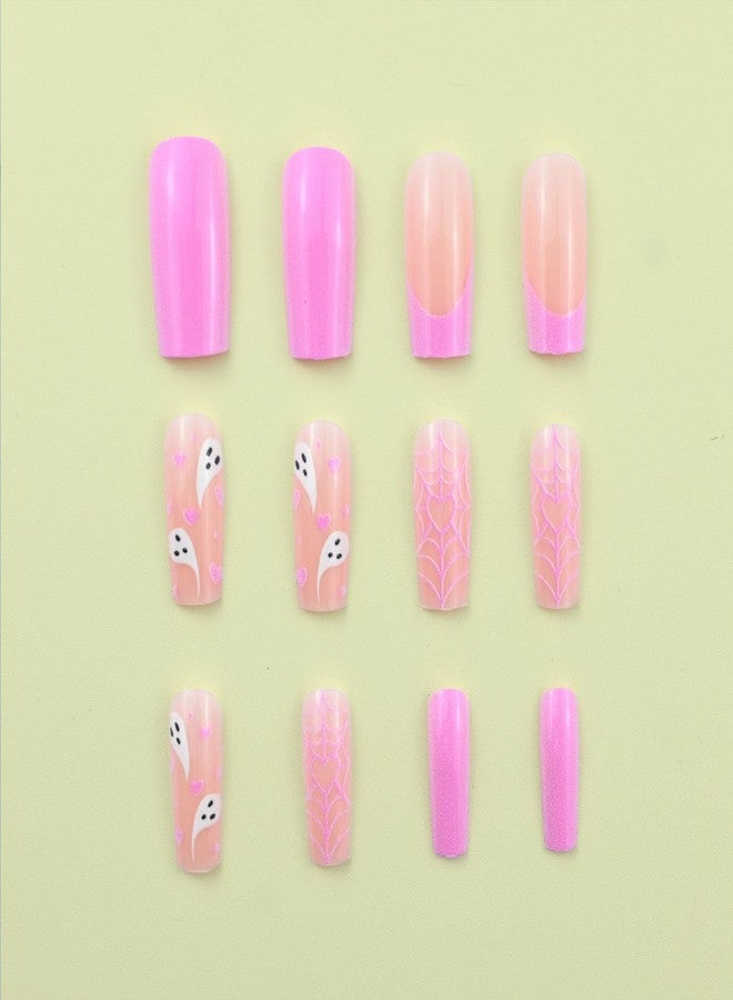LRKNNO Halloween Press On Nails Medium Square French Tip With Ghost Designs - Pink Coffin Full Cover Fake Tips for Fall Holiday - Glue On Acrylic Nail Decorations for Women Girls 24Pcs - Image 5