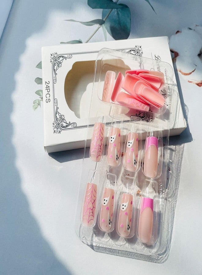 LRKNNO Halloween Press On Nails Medium Square French Tip With Ghost Designs - Pink Coffin Full Cover Fake Tips for Fall Holiday - Glue On Acrylic Nail Decorations for Women Girls 24Pcs - Image 3