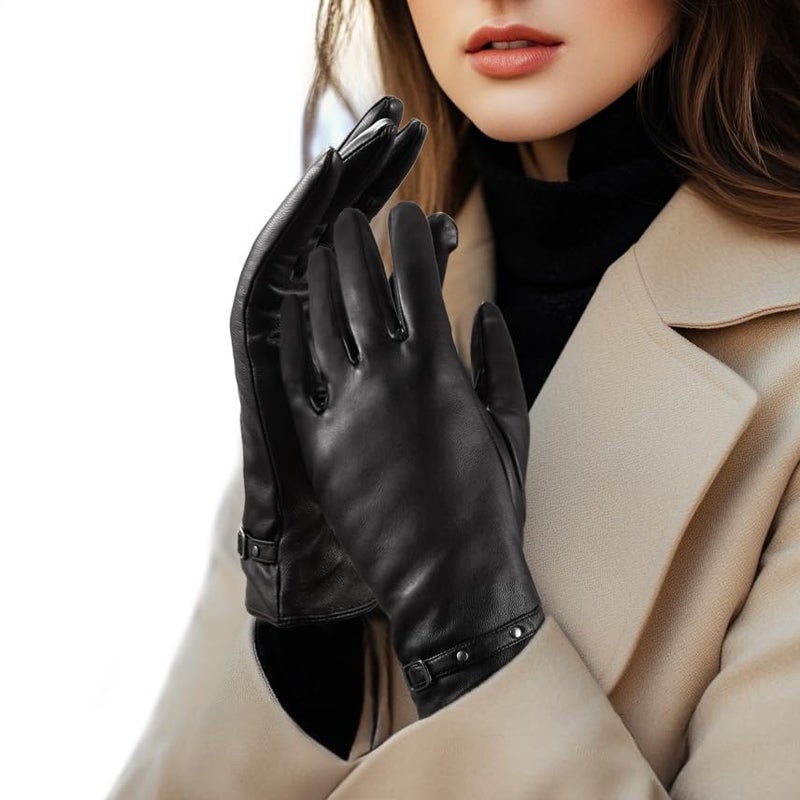 LADYBRO Black Winter Gloves for Women Touchscreen Warm Driving Lambskin Wool Cashmere - Image 1