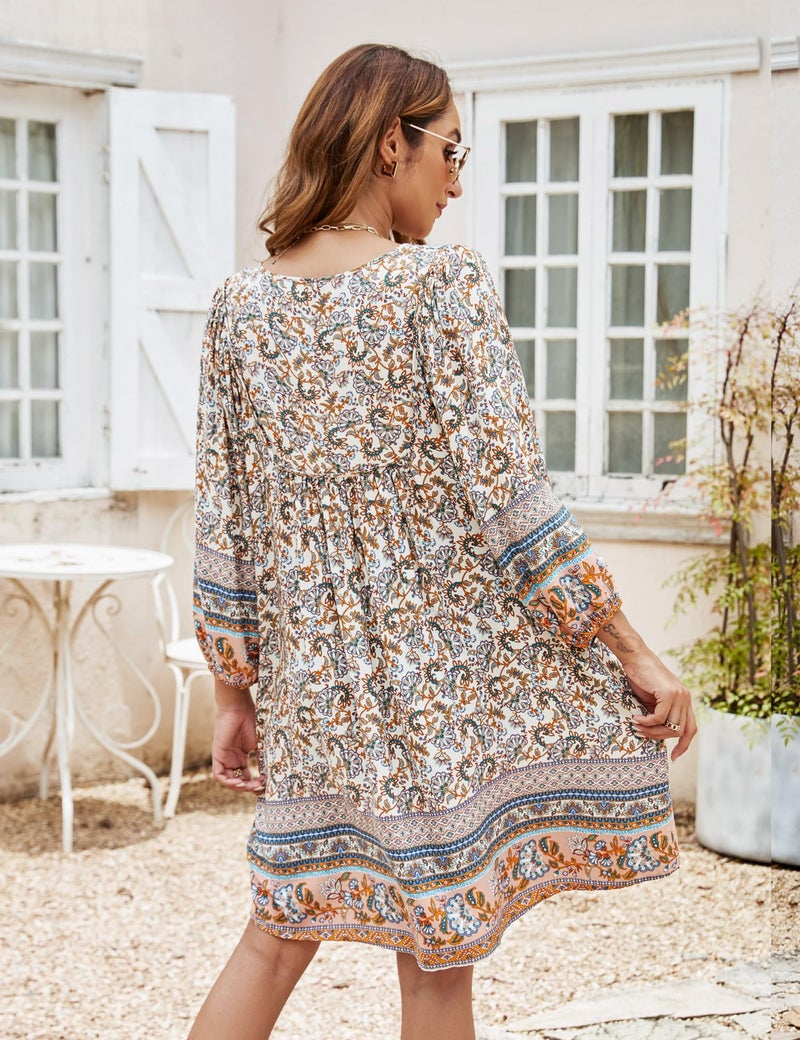 Bluetime Women Casual Summer Dress Boho V Neck 3/4 Sleeve Babydoll Floral Print Flowy Beach Dress (XL, Beige) - Image 5