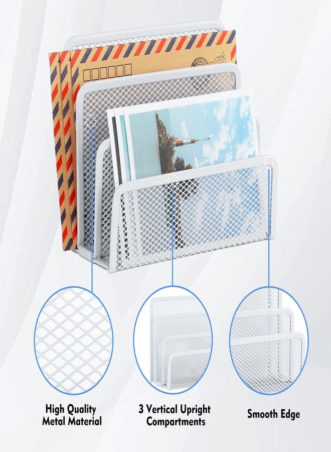 EASEPRES Desk Mail Organizer, Office Small Desktop Metal Mesh Envelope Letter Sorter Paper File Holder Organizer with 3 Vertical Upright Compartments, White 1 Pack - Image 3