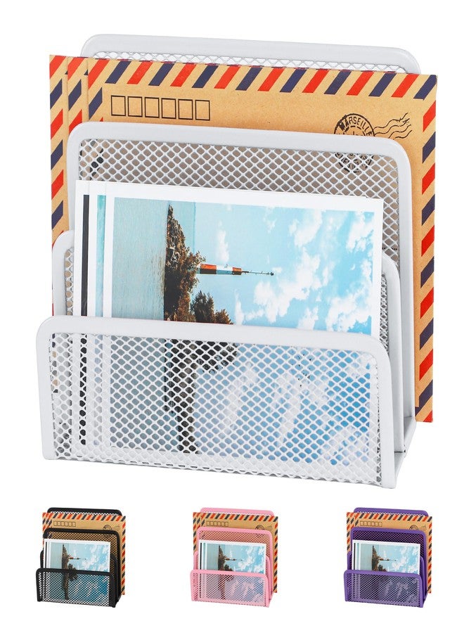EASEPRES Desk Mail Organizer, Office Small Desktop Metal Mesh Envelope Letter Sorter Paper File Holder Organizer with 3 Vertical Upright Compartments, White 1 Pack - Image 1