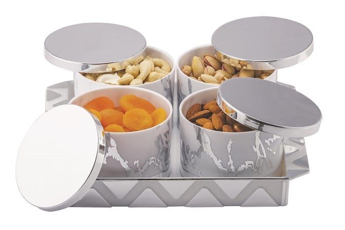 4 PCS DRY FRUIT SET BOX WITH LID & SERVING TRAY, STORAGE CONTAINER,100% AIR-TIGHT - 500 ML PLASTIC UTILITY (PACK OF 4,SILVER)
