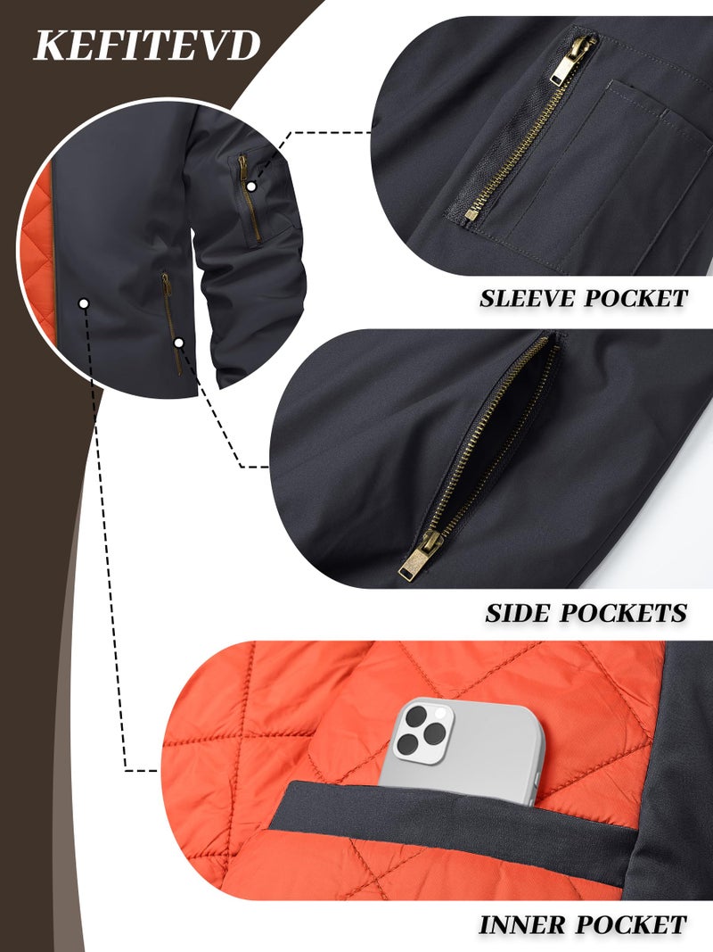 KEFITEVD Men's Bomber Jacket Windproof Quilted Jacket Winter Casual Sportswear Jacket Black Jacket for Men Windbreaker Jackets Men - Image 4