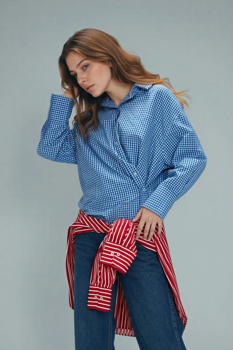 ديفاكتو Regular Fit Poplin Plaid Long Sleeve Tunic