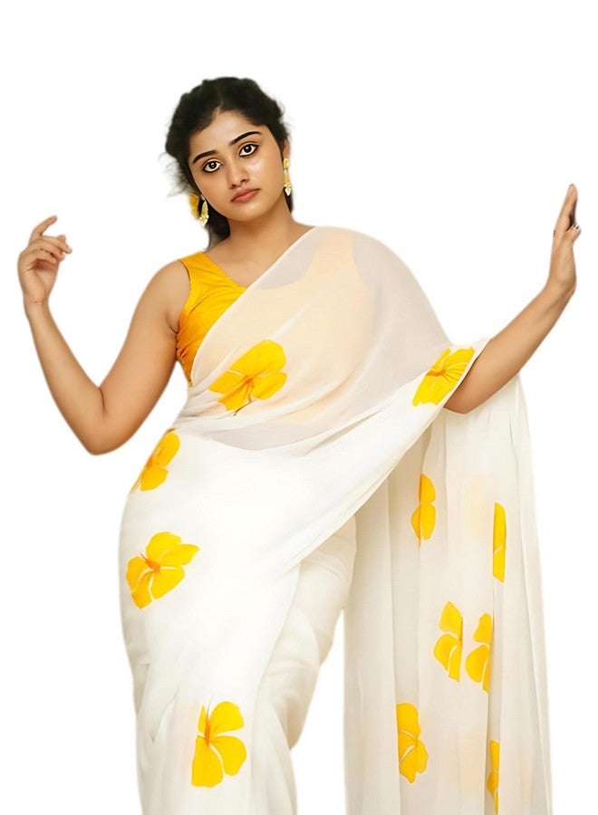C J Enterprise C J Enterprise Women’s Pure Soft Cotton Saree Linen For Silk Sarees Latest Party Design Wear Kalamkari Wedding Sadi With Blouse Piece Sari South Mulmul ikkat Mul Print 2025 New (White Lotus Yellow)  - Image 1