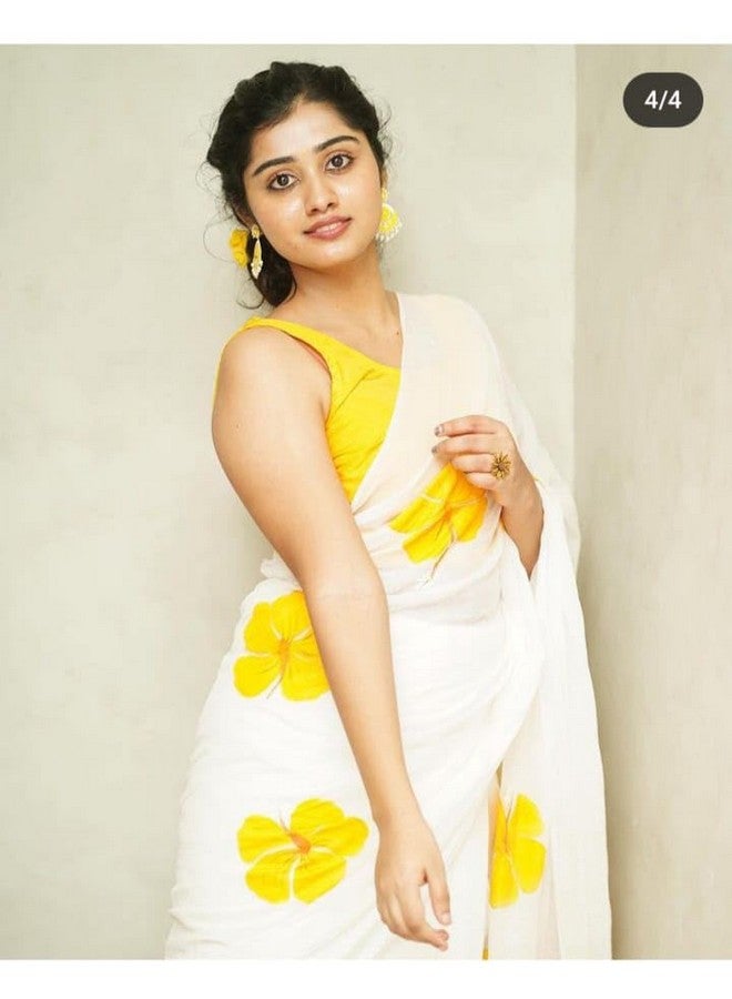 C J Enterprise C J Enterprise Women’s Pure Soft Cotton Saree Linen For Silk Sarees Latest Party Design Wear Kalamkari Wedding Sadi With Blouse Piece Sari South Mulmul ikkat Mul Print 2025 New (White Lotus Yellow)  - Image 3