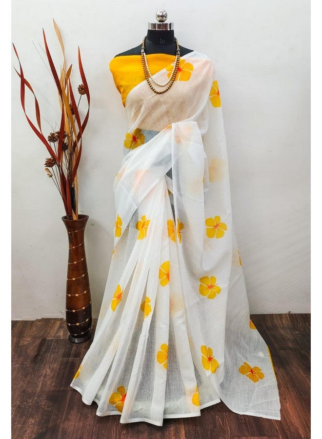 C J Enterprise C J Enterprise Women’s Pure Soft Cotton Saree Linen For Silk Sarees Latest Party Design Wear Kalamkari Wedding Sadi With Blouse Piece Sari South Mulmul ikkat Mul Print 2025 New (White Lotus Yellow)  - Image 5