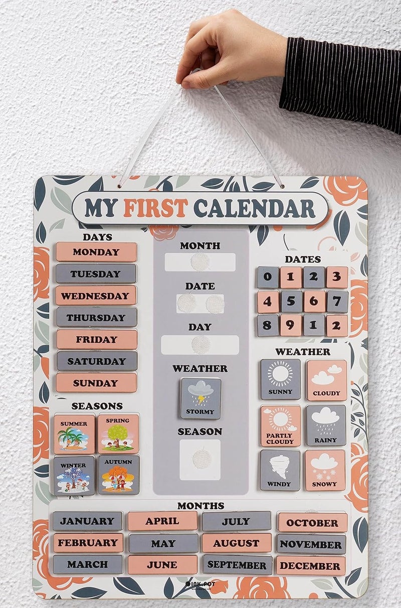 Inkdotpot My First Calendar Board For Kids, Preschool Wall Hanging Month/Date/Day/Weather/Season (42 Pieces); Classroom Learning Calendar Board, 14.5 x 11.5 inches (Peach & Gray) - Image 2