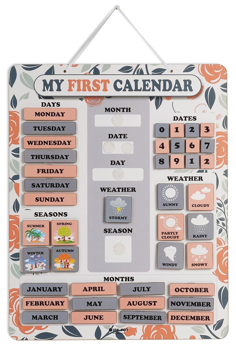 Inkdotpot My First Calendar Board For Kids, Preschool Wall Hanging Month/Date/Day/Weather/Season (42 Pieces); Classroom Learning Calendar Board, 14.5 x 11.5 inches (Peach & Gray) - Image 1