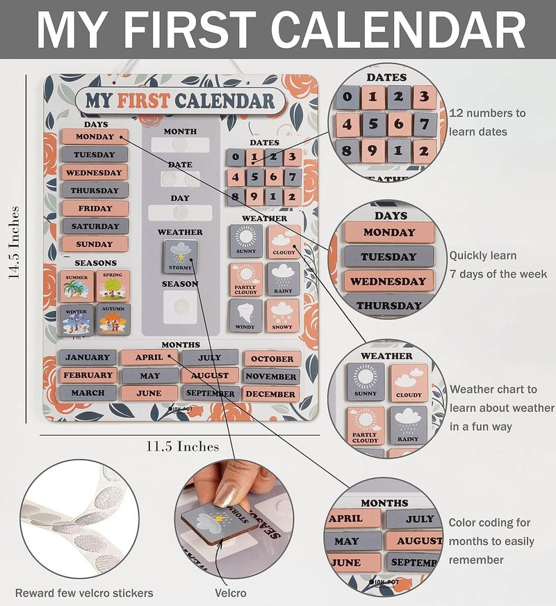 Inkdotpot My First Calendar Board For Kids, Preschool Wall Hanging Month/Date/Day/Weather/Season (42 Pieces); Classroom Learning Calendar Board, 14.5 x 11.5 inches (Peach & Gray) - Image 3