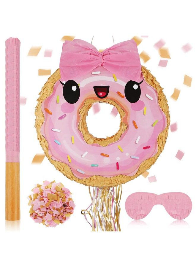 Zhanmai بينك وخاكي دونات بيناتا صغيرة مع عصا بيناتا وقناع ورباط كونفيتي لاحتفال عيد الميلاد أو الذكرى تحت موضوع الدونات زينة حفلة الدونات لوازم فييستا 15 × 13 بوصة - Image 1