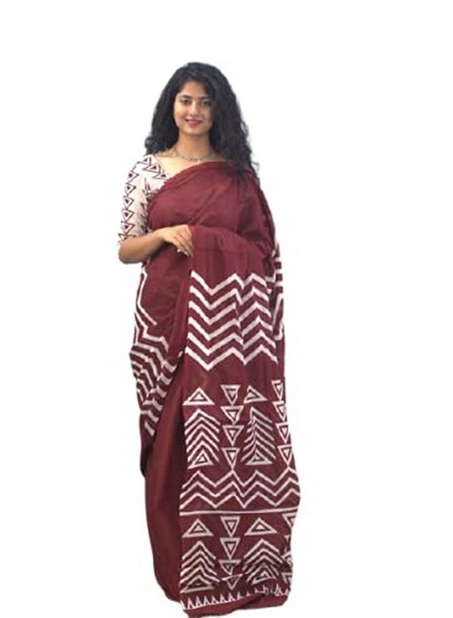 Kiaaron Kiaaron Women's Ikat Hand Block Print Jaipuri Cotton Mulmul Saree with Blouse Piece -Maroon_Kia549 - Image 1