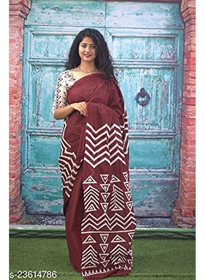 Kiaaron Kiaaron Women's Ikat Hand Block Print Jaipuri Cotton Mulmul Saree with Blouse Piece -Maroon_Kia549 - Image 2