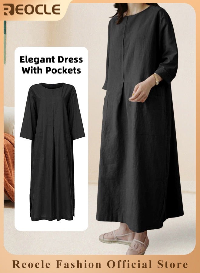 REOCLE Women's Maxi Dress Cotton Linen Dress Long Sleeve Casual Long Dress with Pockets Simple Loose Round Neck Dress  - Image 1