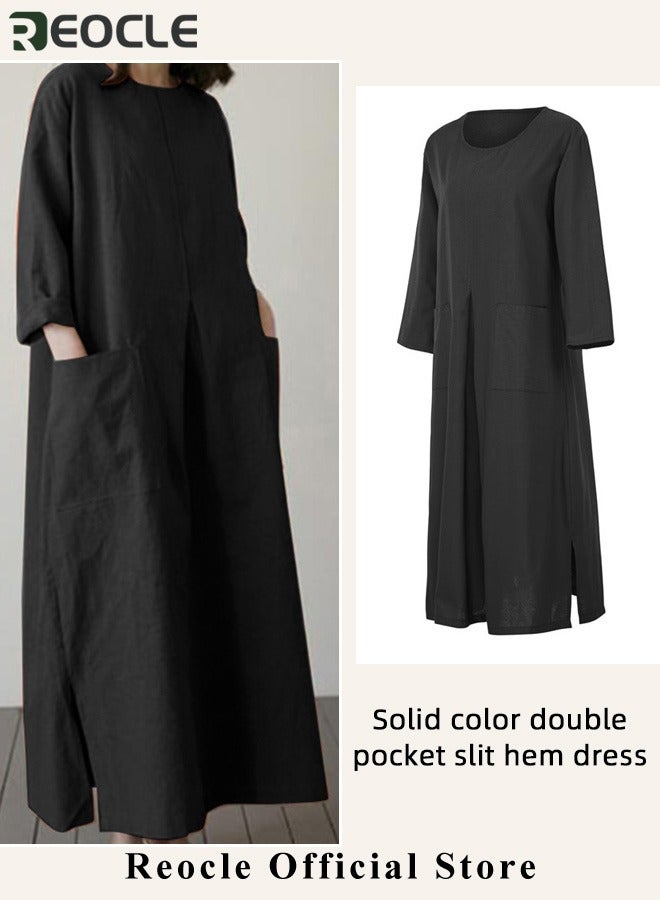 REOCLE Women's Maxi Dress Cotton Linen Dress Long Sleeve Casual Long Dress with Pockets Simple Loose Round Neck Dress  - Image 3