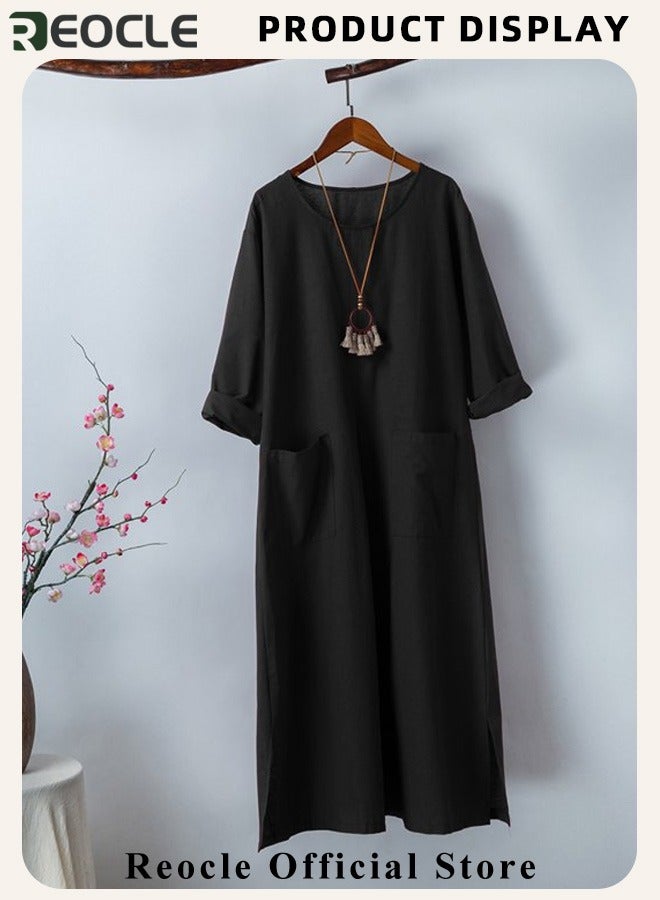 REOCLE Women's Maxi Dress Cotton Linen Dress Long Sleeve Casual Long Dress with Pockets Simple Loose Round Neck Dress  - Image 5