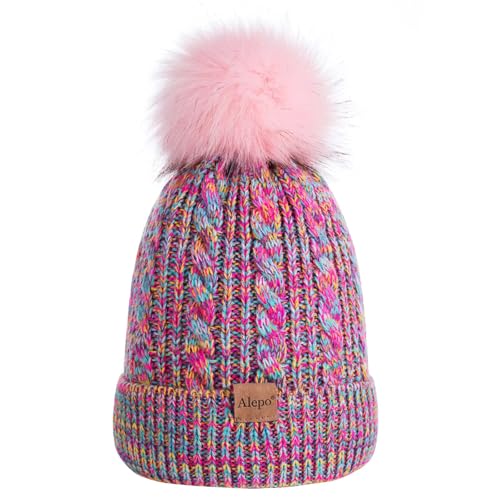 Alepo Kids Winter Beanie Hat, Children's Warm Fleece Lined Knit Thick Ski Cap with Pom Pom for Boys Girls (Mix Rainbow) - Image 1