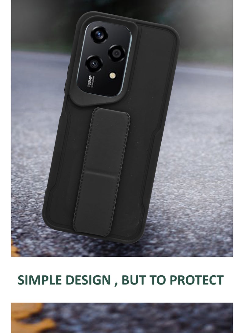 NAFCO For Honor 200 Lite - Hard Silicone Magnetic Back Stand Case  With Foldable Kickstand & Finger Strap - Black - Image 2