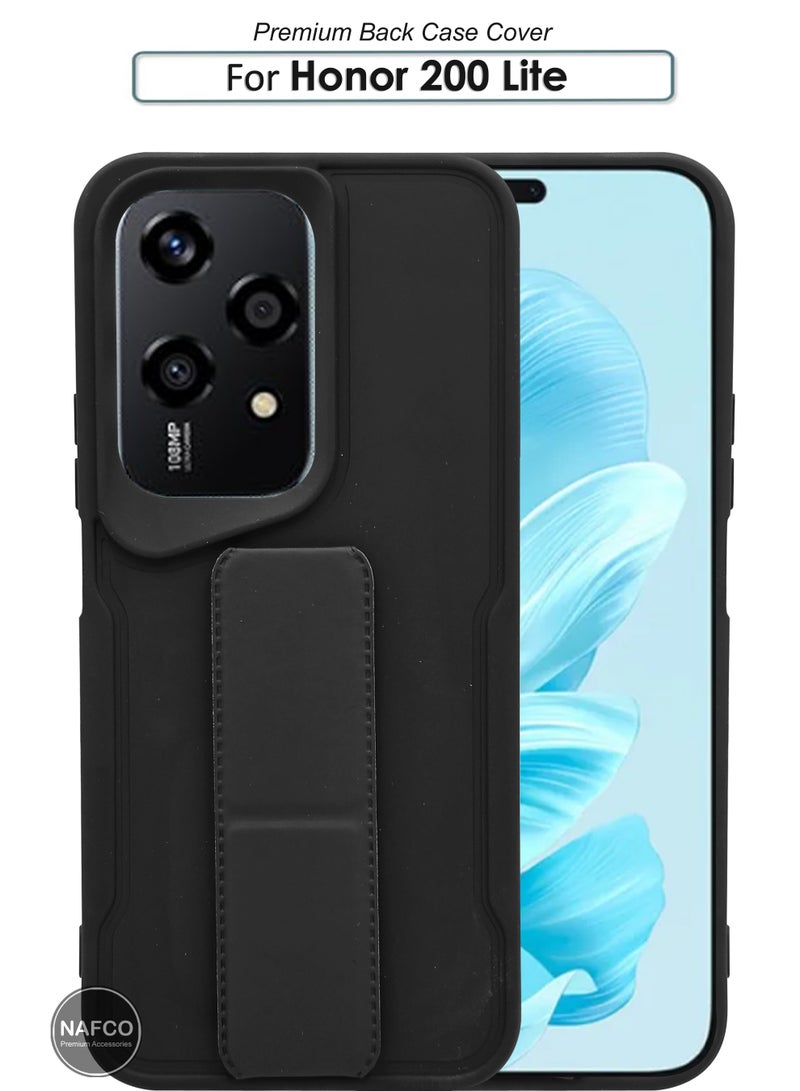 NAFCO For Honor 200 Lite - Hard Silicone Magnetic Back Stand Case  With Foldable Kickstand & Finger Strap - Black - Image 1