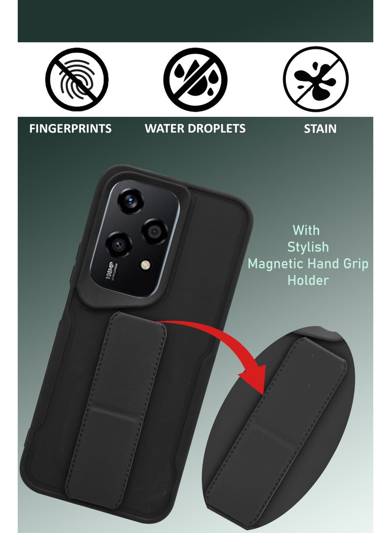 NAFCO For Honor 200 Lite - Hard Silicone Magnetic Back Stand Case  With Foldable Kickstand & Finger Strap - Black - Image 4