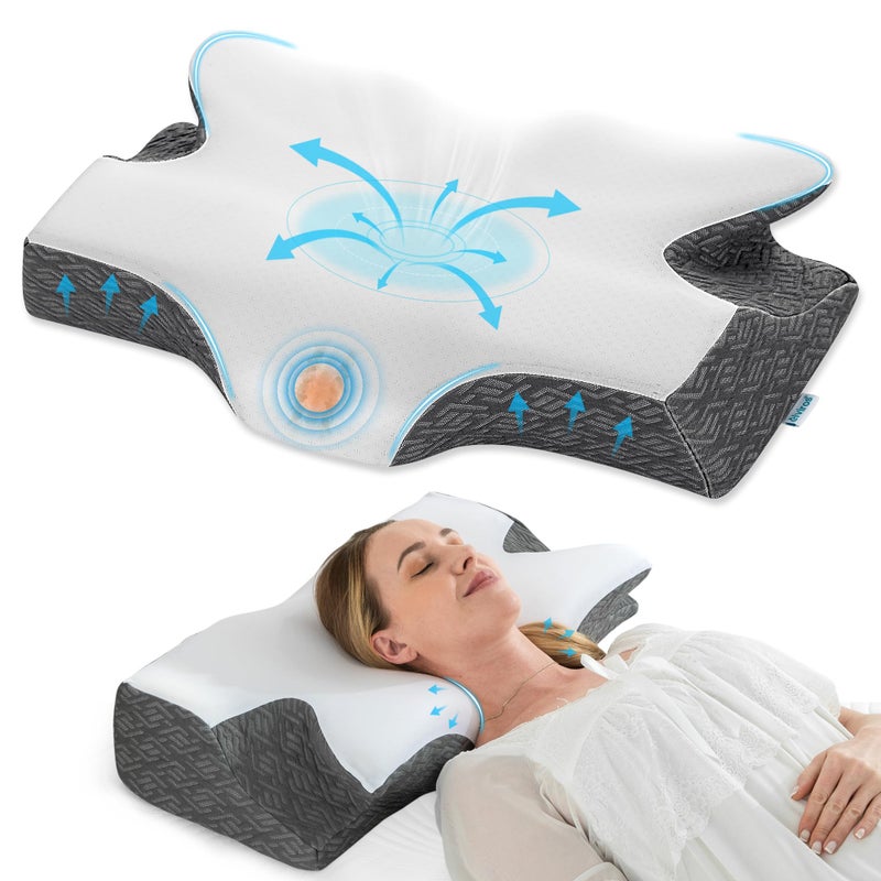 Elviros Cervical Neck Pillow for Sleeping Memory Foam Pillow for Neck Pain Relief Side Sleeper Cooling Pillows for Adults Neck Support with Removable Pillowcase for Back Stomach Sleepers - Image 2