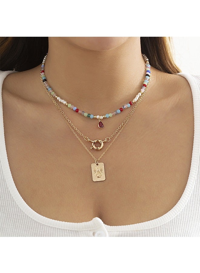 بيوند كريستال سلسلة مزدوجة الطبقة قلادة ، مكافحة الصدأ ومكافحة يتلاشى 14K قلادة الذهب ، هدية الأزياء والمجوهرات (الملونة) - Image 4