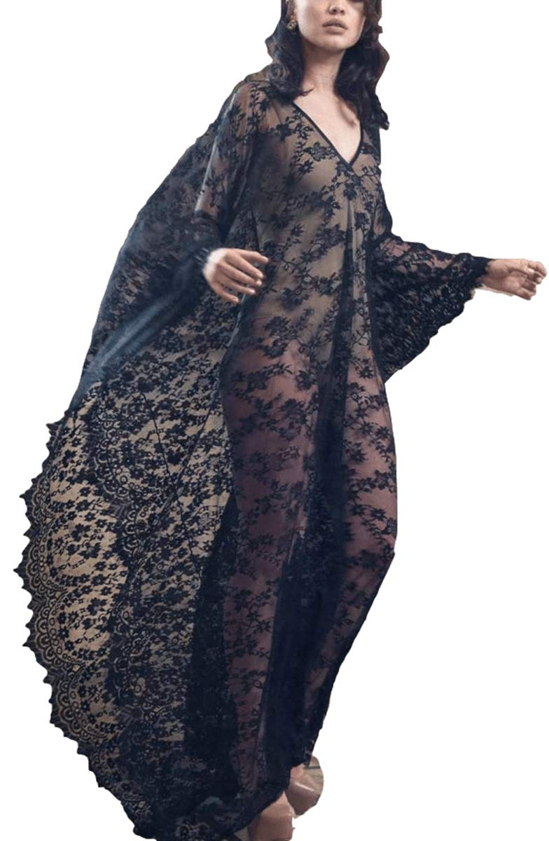 RanRui sheer lace robe maternity dress swimwear witch black dress vampire dress Women sexy open back caftans cover up beach dress lingerie boudoir outfits Lace Dress Gown plus size sheer see through - Image 2