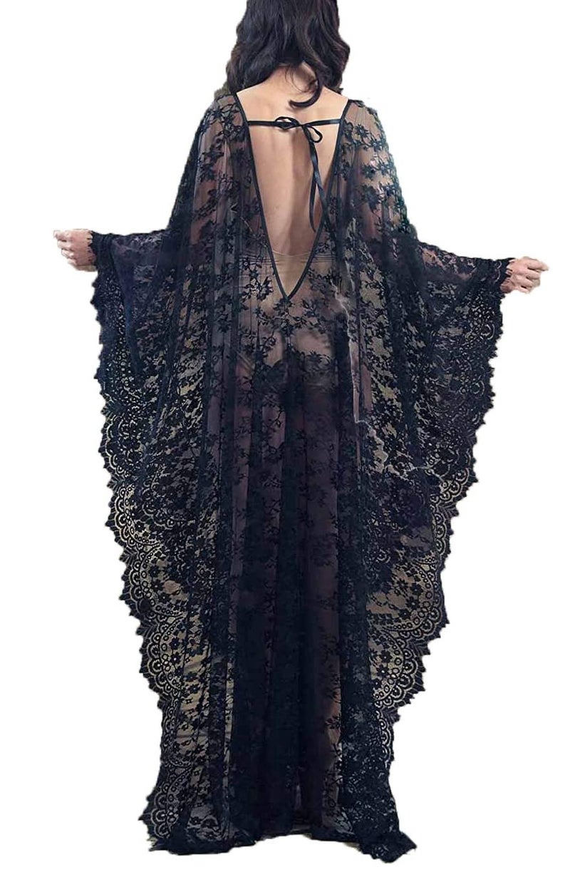 RanRui sheer lace robe maternity dress swimwear witch black dress vampire dress Women sexy open back caftans cover up beach dress lingerie boudoir outfits Lace Dress Gown plus size sheer see through - Image 1