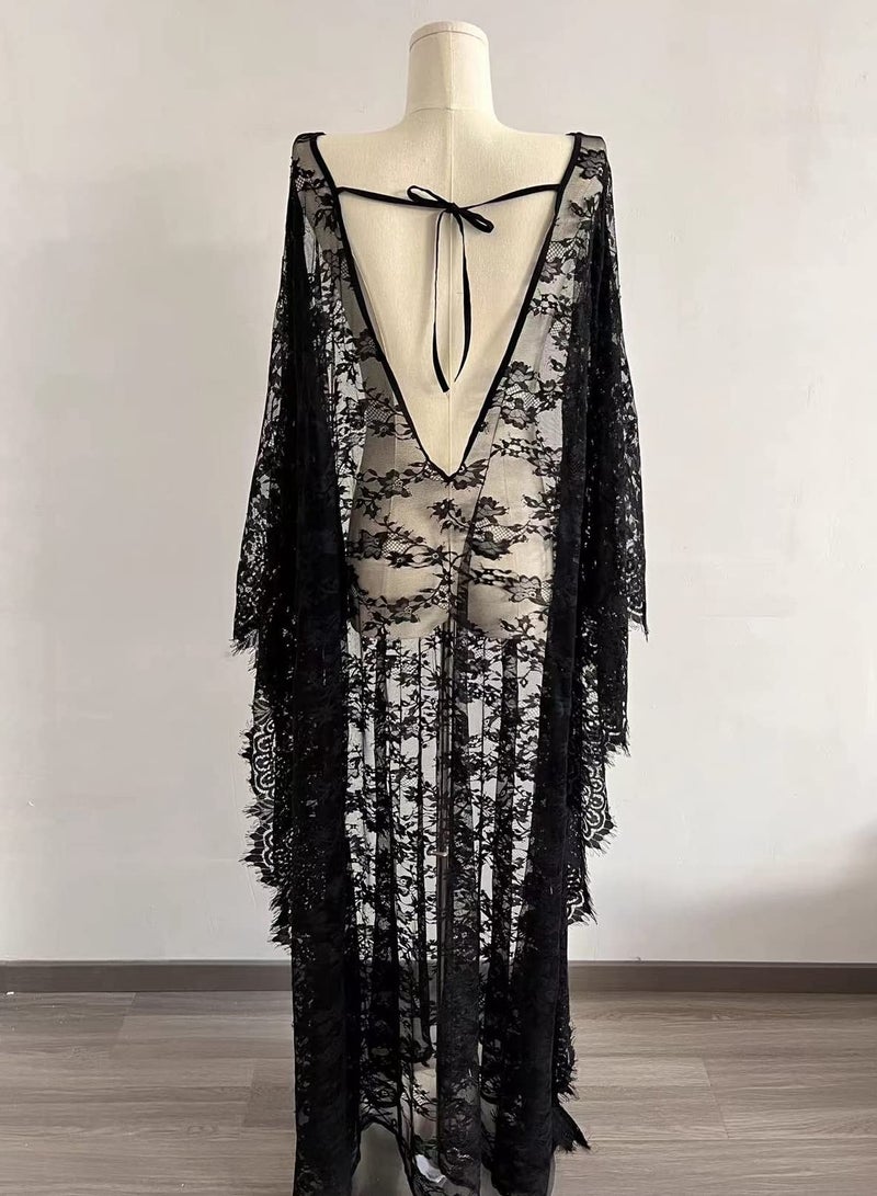 RanRui sheer lace robe maternity dress swimwear witch black dress vampire dress Women sexy open back caftans cover up beach dress lingerie boudoir outfits Lace Dress Gown plus size sheer see through - Image 4