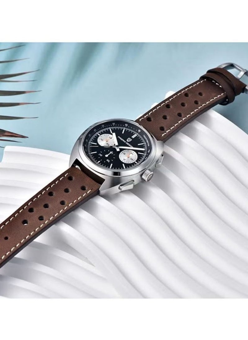 PAGANI DESIGN - Men's retro quartz chronograph Vk63 movement 100m waterproof multifunctional sports simulation watch PD-1782 Leather Silver Black - Image 1