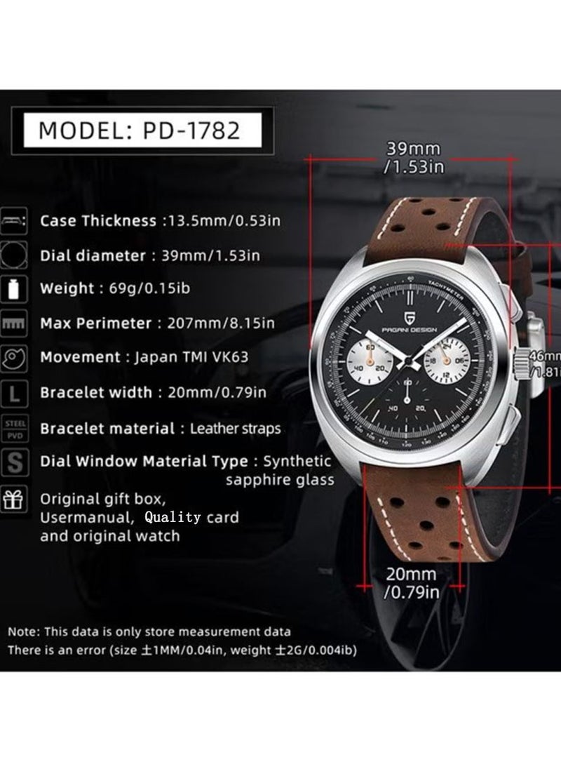 PAGANI DESIGN - Men's retro quartz chronograph Vk63 movement 100m waterproof multifunctional sports simulation watch PD-1782 Leather Silver Black - Image 1