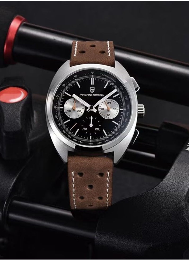 PAGANI DESIGN - Men's retro quartz chronograph Vk63 movement 100m waterproof multifunctional sports simulation watch PD-1782 Leather Silver Black - Image 1
