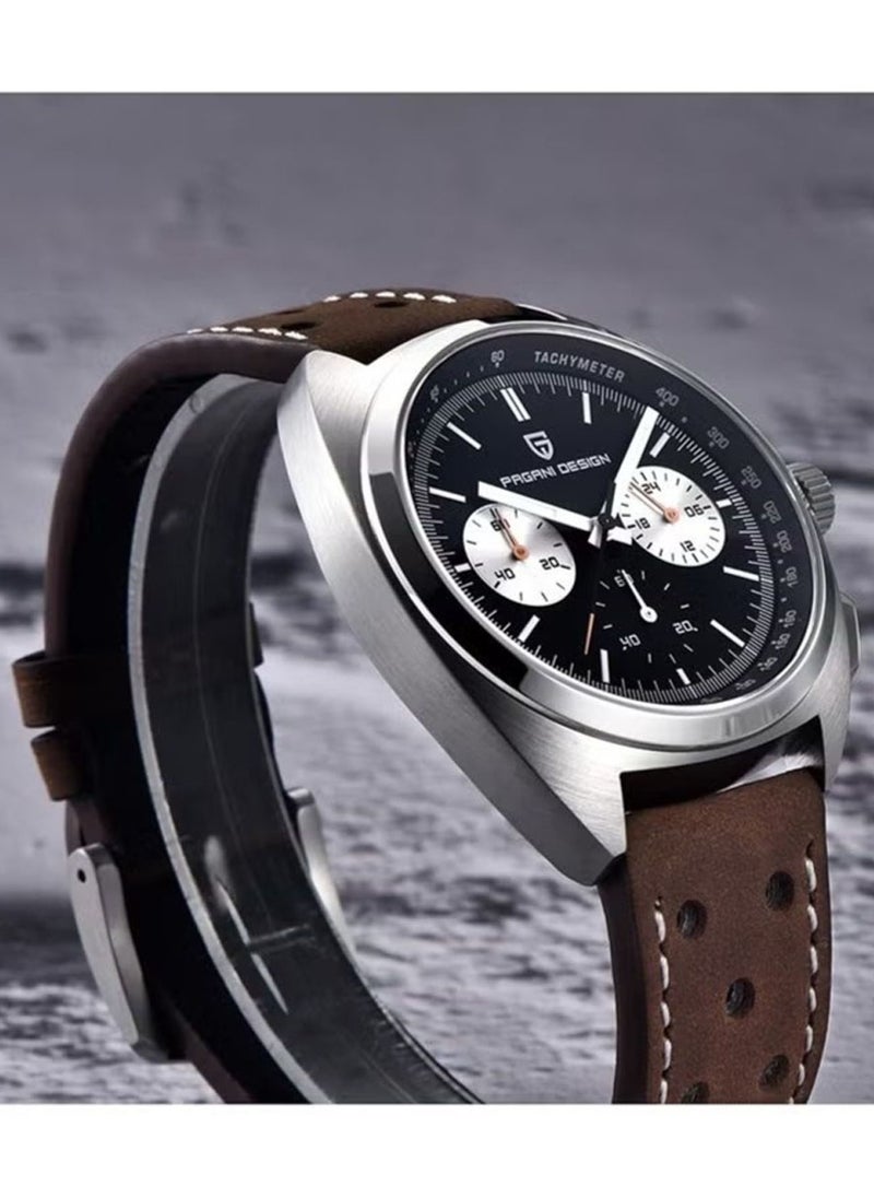 PAGANI DESIGN - Men's retro quartz chronograph Vk63 movement 100m waterproof multifunctional sports simulation watch PD-1782 Leather Silver Black - Image 1
