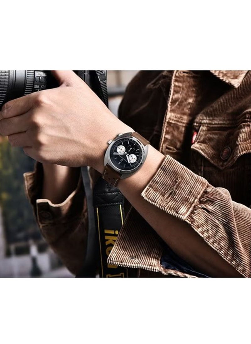 PAGANI DESIGN - Men's retro quartz chronograph Vk63 movement 100m waterproof multifunctional sports simulation watch PD-1782 Leather Silver Black - Image 1