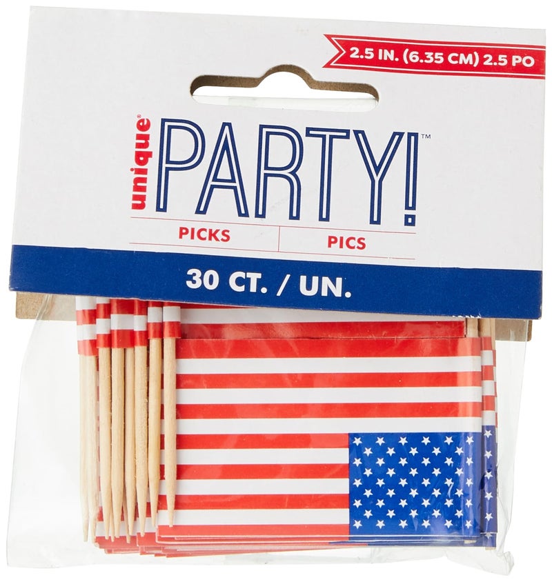 Unique Vibrant Multicolor US Flag Picks - 3" x 2" (30 Count) - Premium Material & Eye-catching Party Picks, Great For Patriotic Celebrations & Events - Image 1