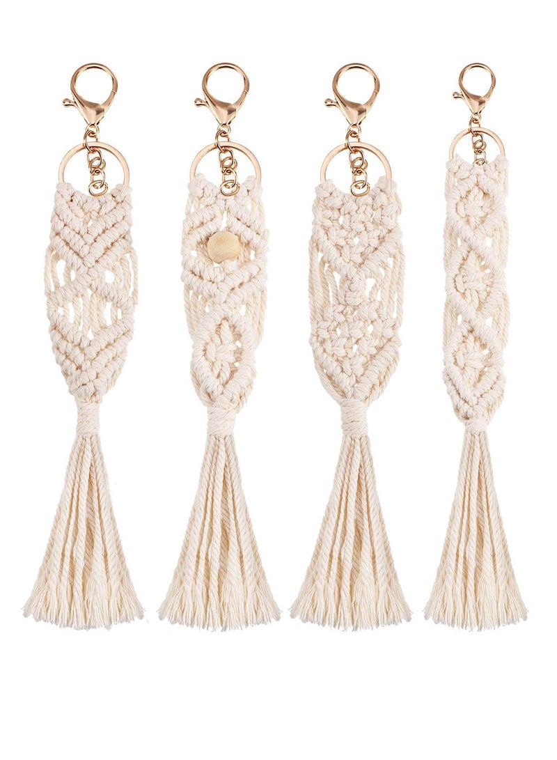 Keychain with Tassels, 4 Pieces Mini Macrame Keychains, Boho Macrame Bag Decoration, Keys Charms with Tassel, Handcrafted Accessory for Car Key, Purse, Phone Supplies (Beige) - Image 1