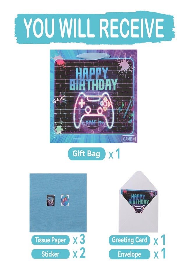 wishinside 13” Large Gamer-themed Birthday Gift Bag Set with Handles, Greeting Card, Tissue Papers and Stickers for Boys Girls Kids Teens Men Women, Game Design, 1 Pcs - Image 3
