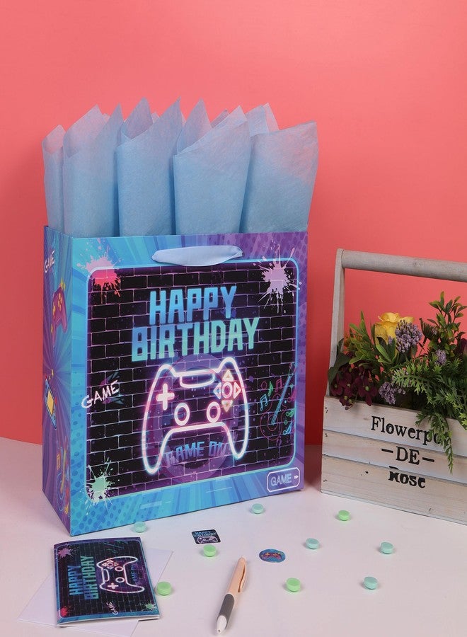 wishinside 13” Large Gamer-themed Birthday Gift Bag Set with Handles, Greeting Card, Tissue Papers and Stickers for Boys Girls Kids Teens Men Women, Game Design, 1 Pcs - Image 5
