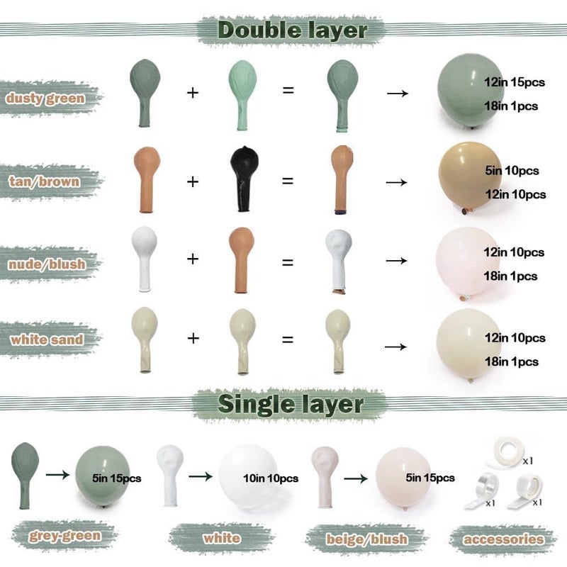 Partycus Dusty Green Nude Balloon Garland Double Stuffed Blush Brown Cream Sand White Neutral Matte Balloon Arch Kit for Baby Shower Wedding Birthday Gender Reveal Woodland Party Decoration - Image 4