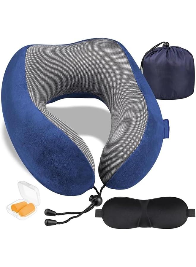 HOOKOR Travel Neck Pillow, Car Neck Pillow, Memory Foam Travel Pillow, Airplane Travel Pillow with 3D Contoured Eye Masks, Earplugs and Storage Bag. (Blue) - Image 1