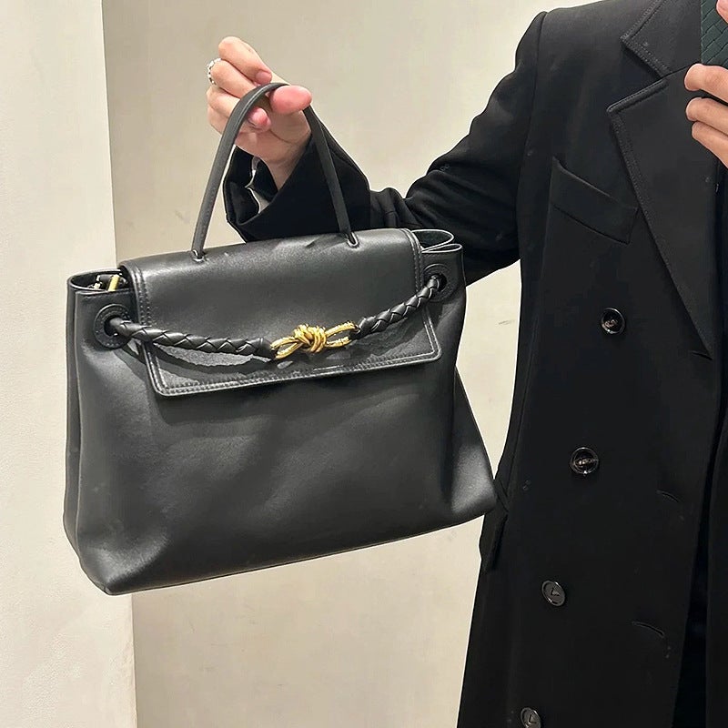 Popular -Selling Plain Fashion Light Luxury Versatile Bow Gold Buckle Single Shoulder Crossbody Handheld Genuine Leather Tote Bag - Image 3