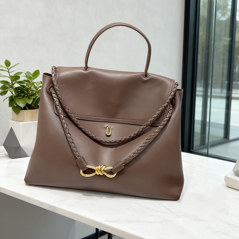 Popular -Selling Plain Fashion Light Luxury Versatile Bow Gold Buckle Single Shoulder Crossbody Handheld Genuine Leather Tote Bag - Image 1
