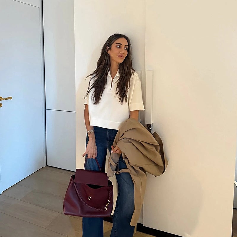 Popular -Selling Plain Fashion Light Luxury Versatile Bow Gold Buckle Single Shoulder Crossbody Handheld Genuine Leather Tote Bag - Image 4
