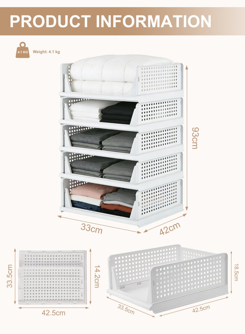 5 Pack Clothes Storage, Stackable Storage Bins, Multifunctional & Foldable Closet Organizer Divided, Space-Saving, Suitable for Clothing, T-Shirts, Pants, Toys, and Books, White - Image 2
