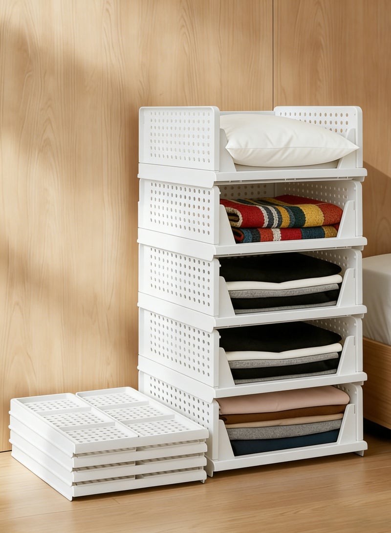 5 Pack Clothes Storage, Stackable Storage Bins, Multifunctional & Foldable Closet Organizer Divided, Space-Saving, Suitable for Clothing, T-Shirts, Pants, Toys, and Books, White - Image 1