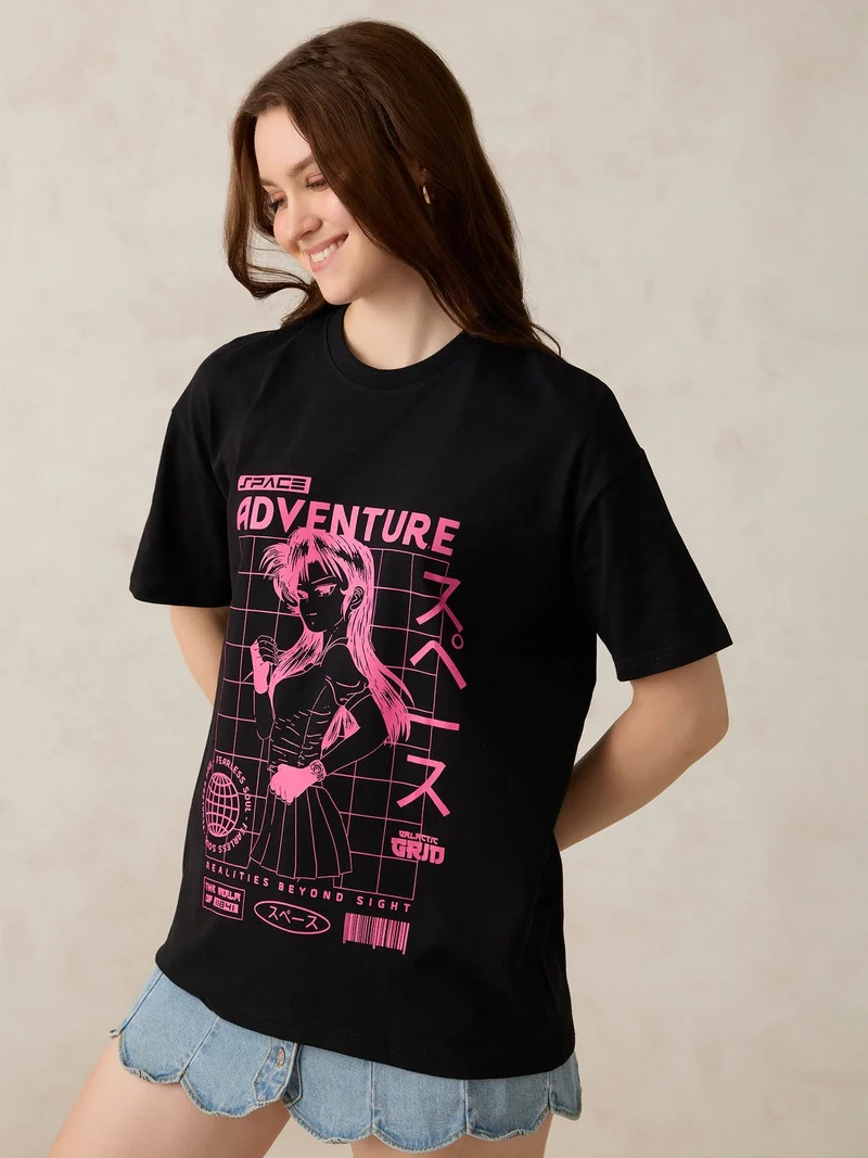 Outzidr  Black Graphic Oversized T-Shirt for Women | Best Price UAE