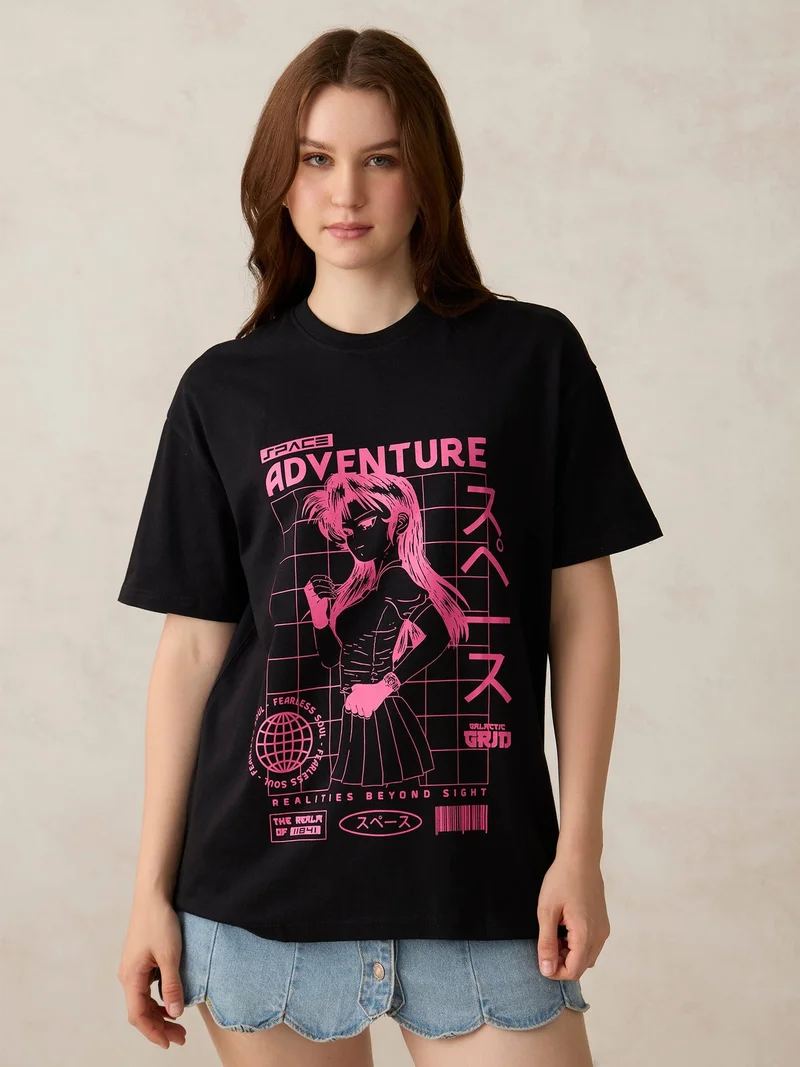 Outzidr  Black Graphic Oversized T-Shirt for Women | Best Price UAE