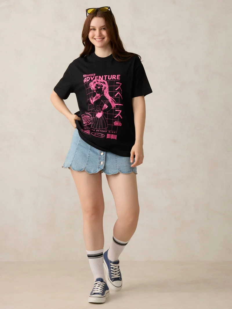 Outzidr  Black Graphic Oversized T-Shirt for Women | Best Price UAE