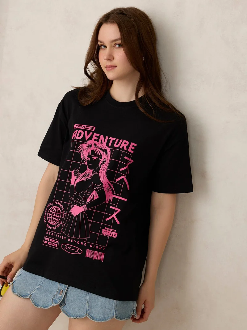 Outzidr  Black Graphic Oversized T-Shirt for Women | Best Price UAE